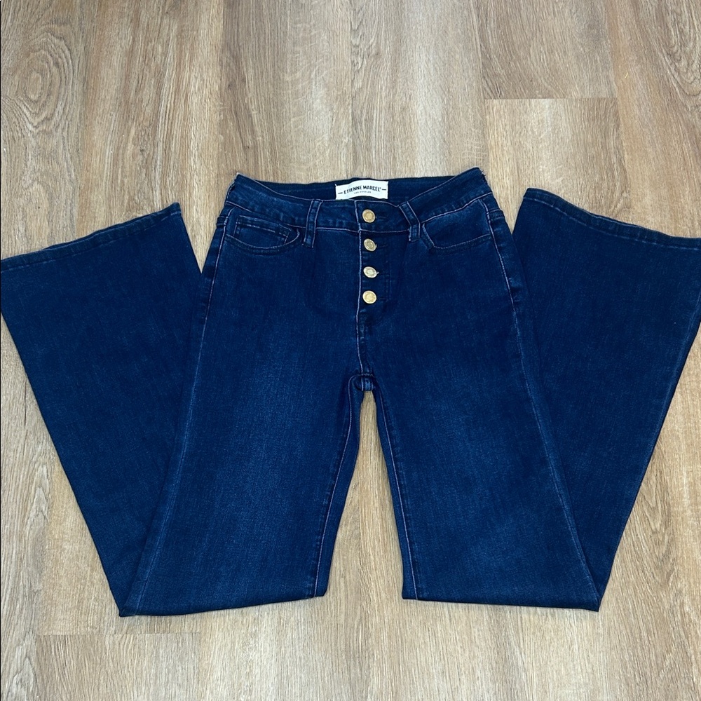High-Rise Wide-Leg Jeans with Button Fly in Dark Blue